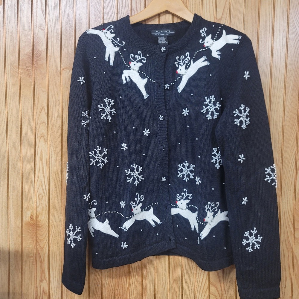 Vintage Style Reindeer Snowflake Beaded Christmas Cardigan Sweater M Grandmacore